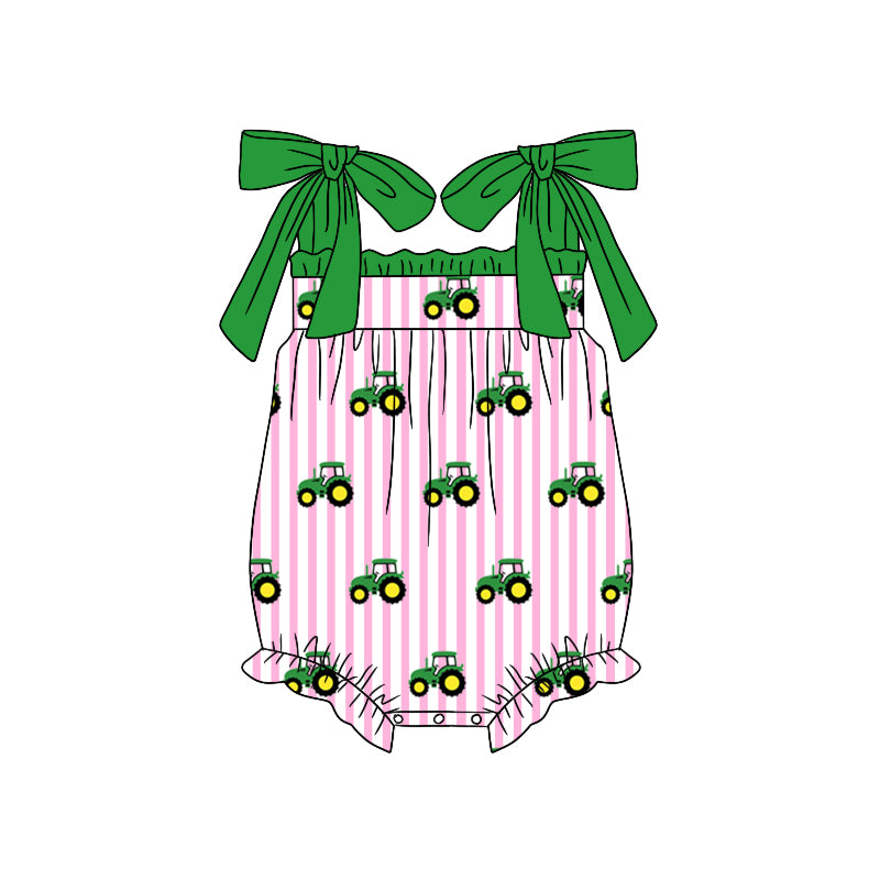 preorder SR1623 Farm tractor pink striped green lace camisole jumpsuit