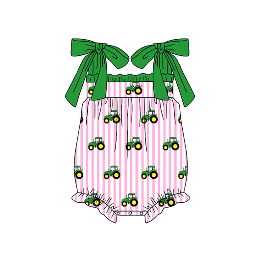 preorder SR1623 Farm tractor pink striped green lace camisole jumpsuit