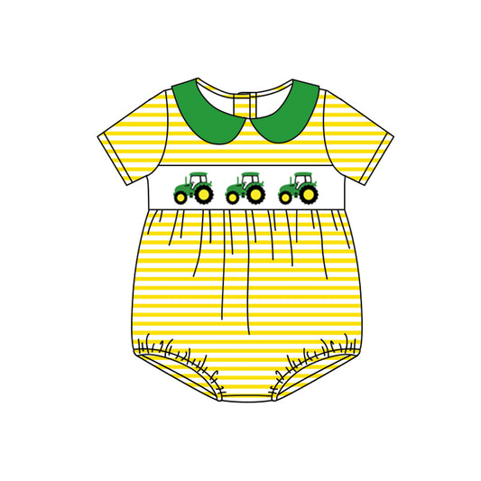 preorder SR1624 Farm Tractor Yellow Stripe Green Doll Collar Short Sleeve Jumpsuit