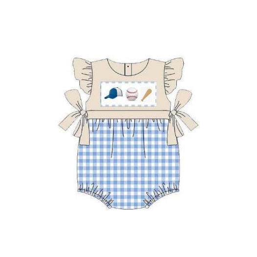preorder SR1652 Baseball Blue Plaid Beige Bow Vest Jumpsuit