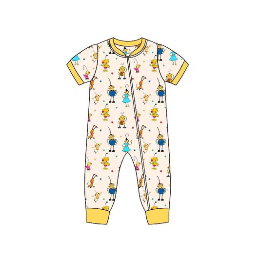 preorder SR1662 Cartoon Bee Yellow Zip Short Sleeve Jumpsuit