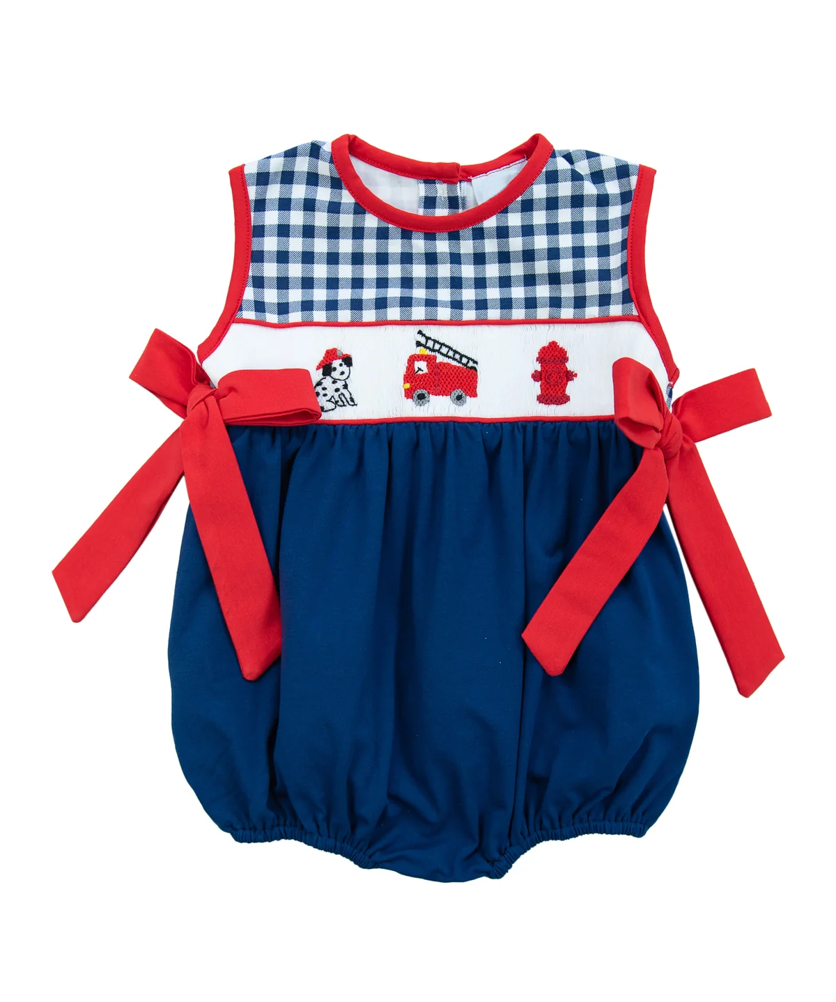 preorder SR1678 Puppy Fire Truck Navy Blue Plaid Red Bow Vest Jumpsuit