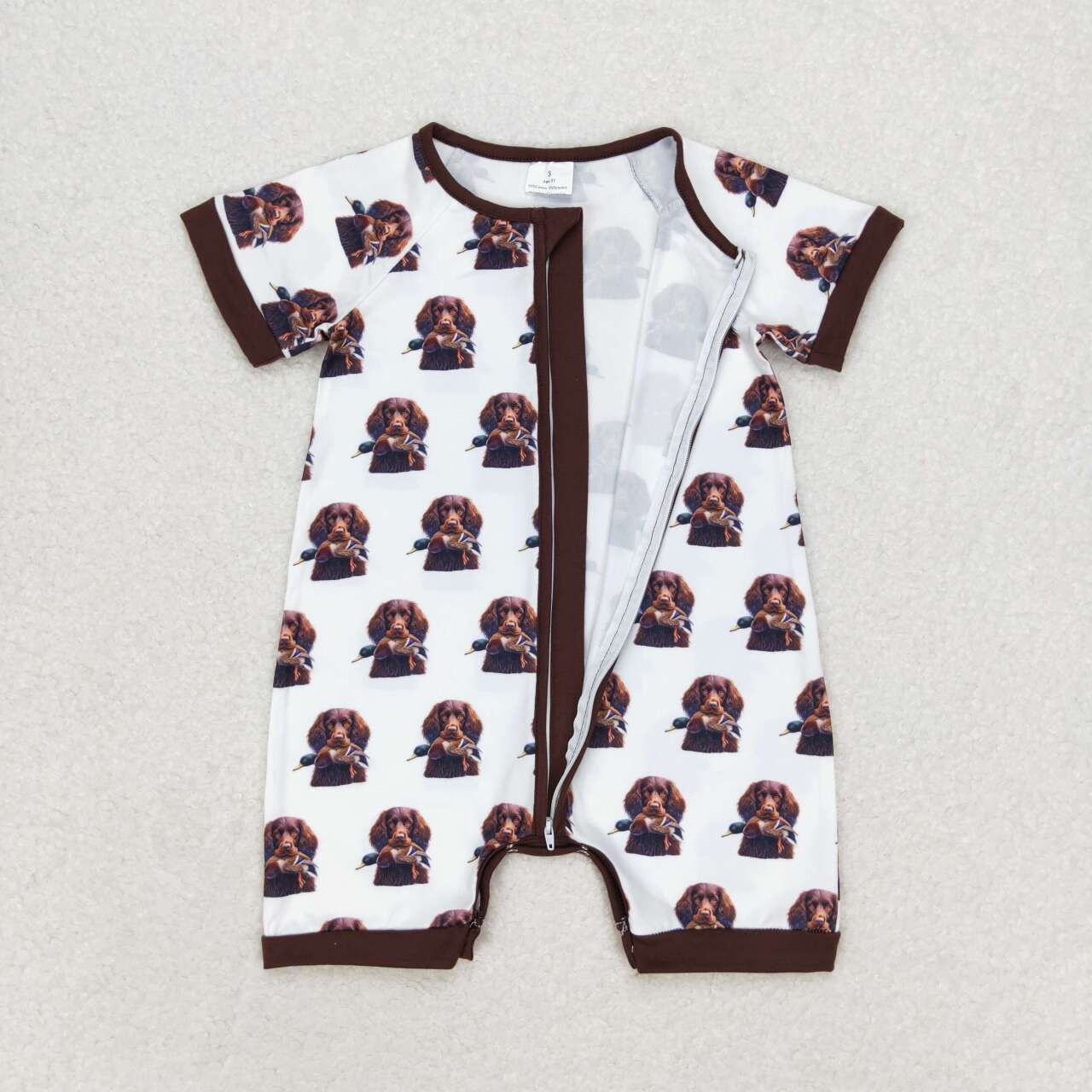 SR1687 Duck Puppy Brown and White Zipper Short Sleeve Onesie