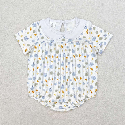 SR1698 Blue pumpkin leaf baby collar white short-sleeved jumpsuit