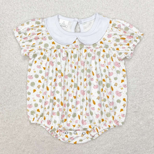 SR1699 Pink Pumpkin Leaf Doll Collar White Short Sleeve Bodysuit