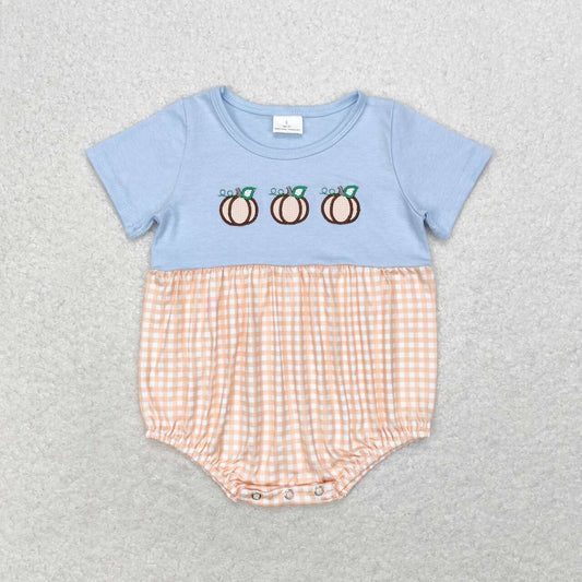 SR1711 Pumpkin orange plaid blue short sleeve jumpsuit