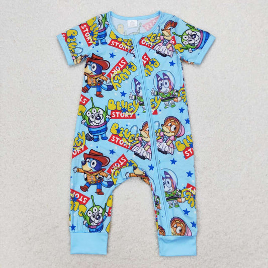 SR1723 Bamboo Blue zipper short sleeve jumpsuit