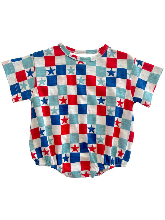 presale SR1735 National Day Stars Green Red Blue Plaid Short Sleeve Jumpsuit