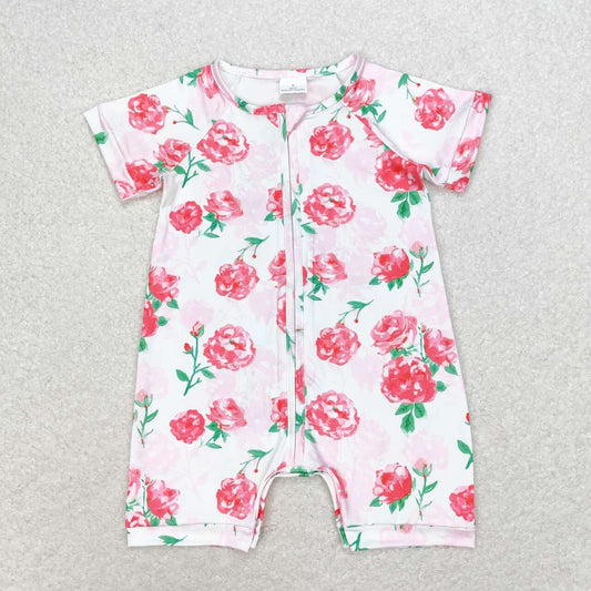 SR1768 Pink Floral Zip Short Sleeve Jumpsuit