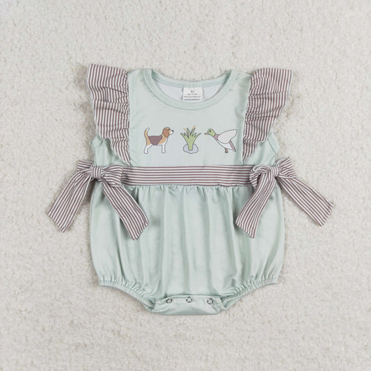 SR1790 Puppy duck striped bow teal vest bodysuit