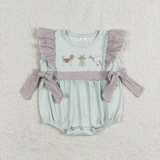 SR1790 Puppy duck striped bow teal vest bodysuit
