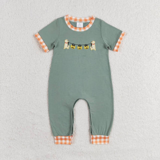 SR1793 Halloween pumpkin lantern puppy orange plaid edge teal short-sleeved jumpsuit