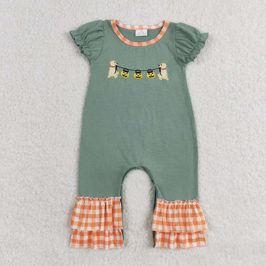 SR1794 Halloween Pumpkin Lantern Puppy Orange Plaid Lace Teal Short Sleeve Jumpsuit
