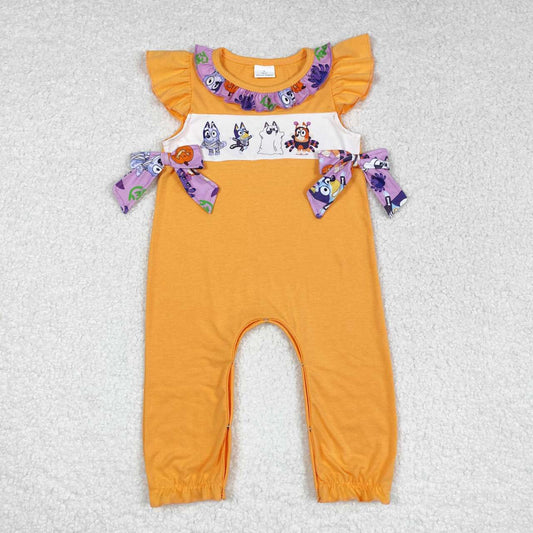 SR1796 Halloween Spider Pumpkin Lantern Lace Orange Short Sleeve Jumpsuit