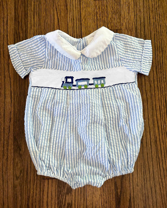 presale SR1819 Tractor Train Doll Collar Blue Striped Short Sleeve Jumpsuit