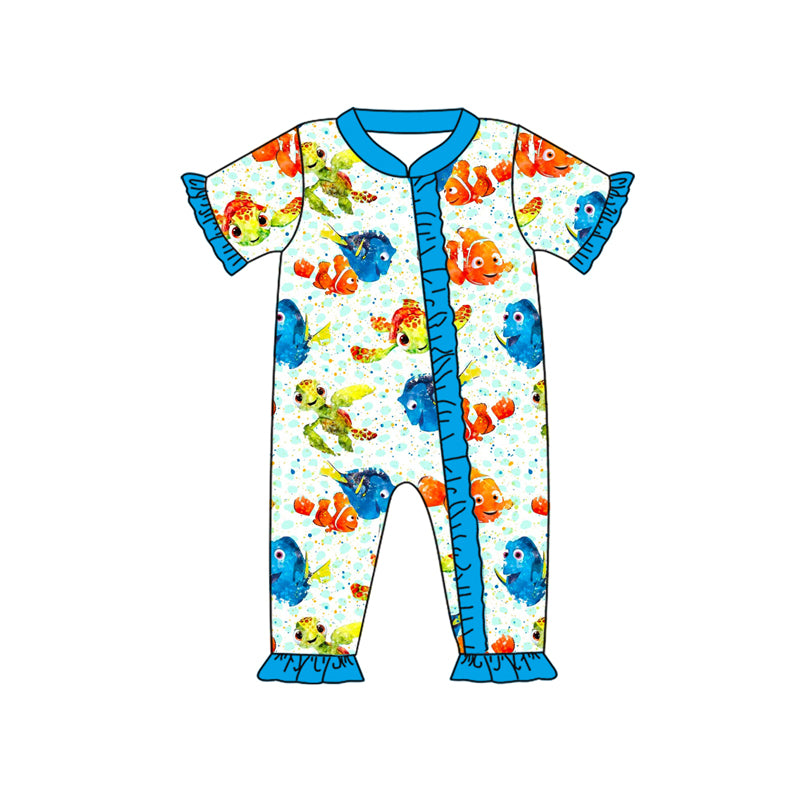 presale SR1829 Cartoon turtle and fish blue lace zipper short-sleeved jumpsuit