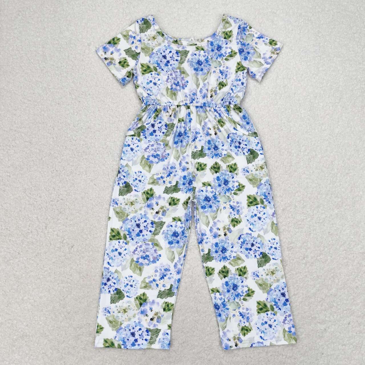 SR1846 Blue Hydrangea Leaves White Short Sleeve Bodysuit