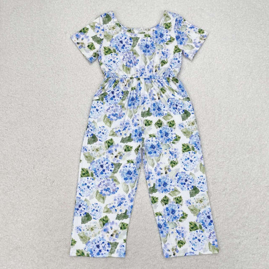 SR1846 Blue Hydrangea Leaves White Short Sleeve Bodysuit