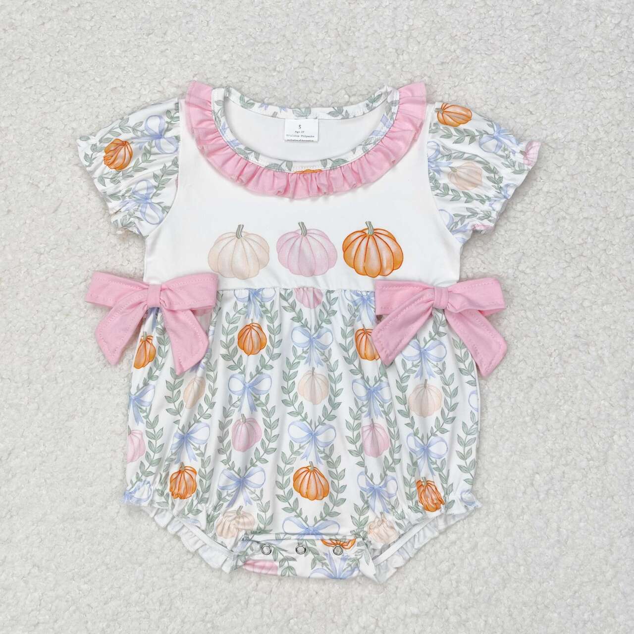 SR1865 Pumpkin Leaf Pink Lace Bow White Short Sleeve Bodysuit