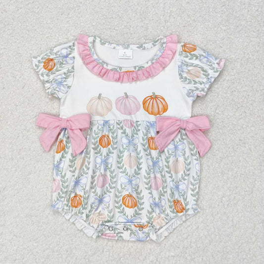 SR1865 Pumpkin Leaf Pink Lace Bow White Short Sleeve Bodysuit
