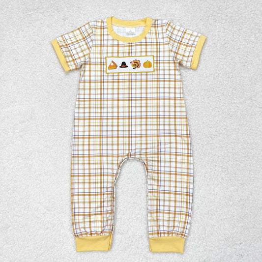 SR1869 Embroidery Boys Hat Turkey Pumpkin Orange Plaid Short Sleeve Bodysuit