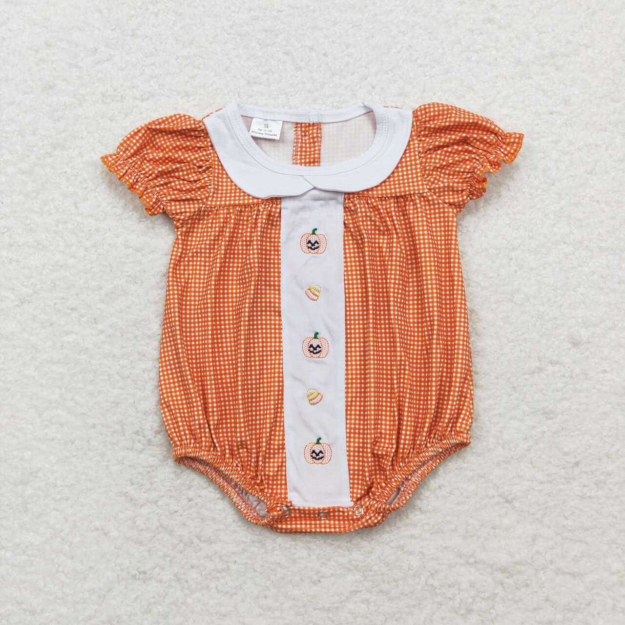 SR1879 Embroidered  Candy Doll Collar Orange Plaid Short Sleeve Bodysuit