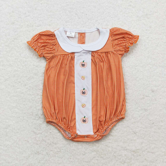 SR1879 Embroidered Candy Doll Collar Orange Plaid Short Sleeve Bodysuit