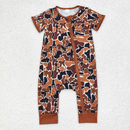 SR1895 Bamboo Brown Camouflage Beige Zip Short Sleeve Jumpsuit