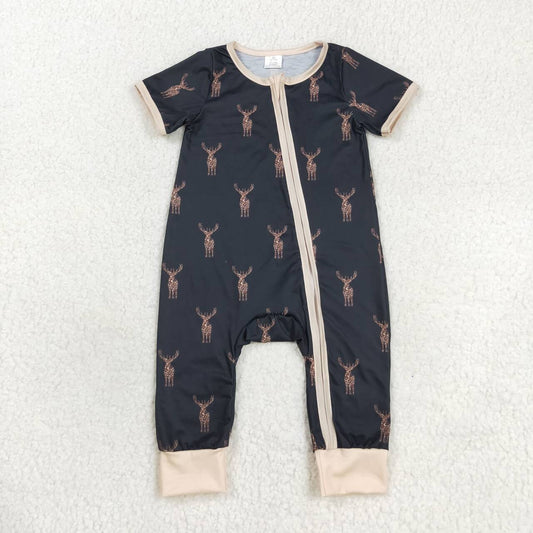 SR1896 Bamboo Deer Brown Black Zip Short Sleeve Jumpsuit