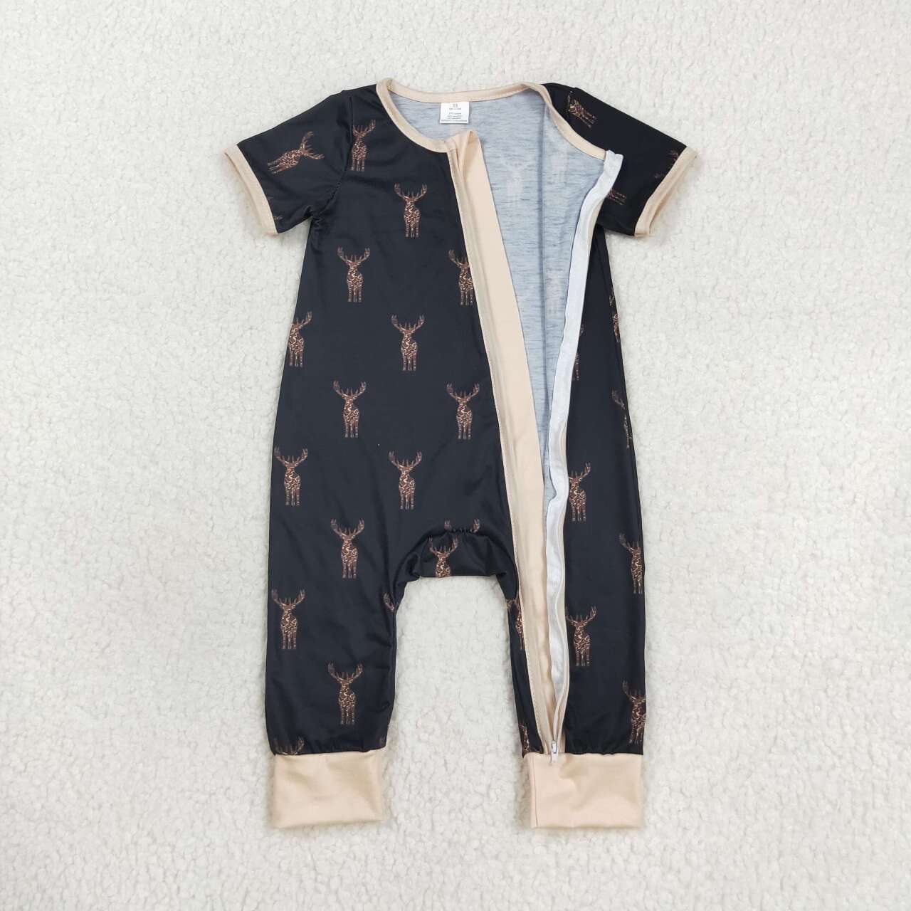 SR1896 Bamboo Deer Brown Black Zip Short Sleeve Jumpsuit