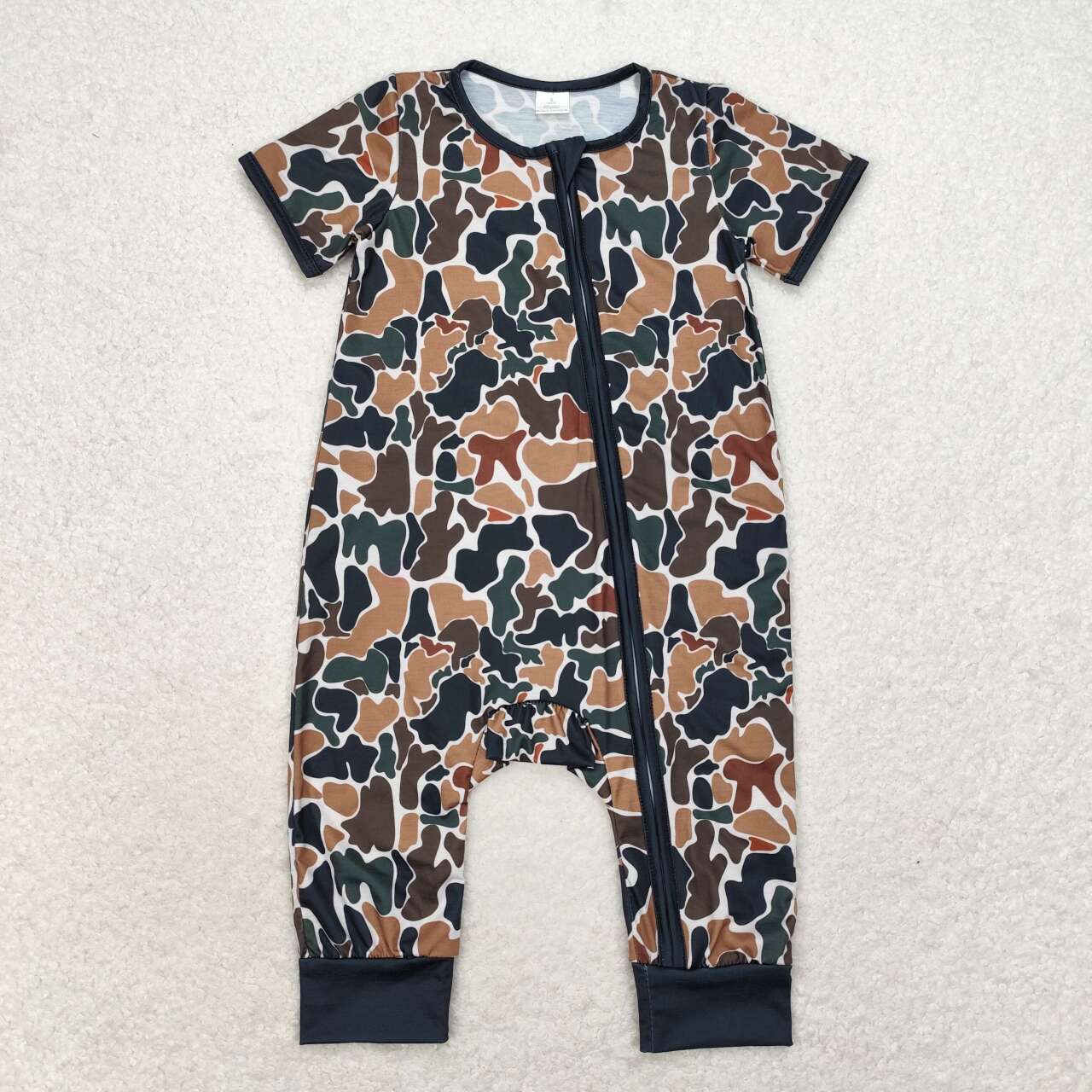 SR1899 Green Camouflage Beige Zip Short Sleeve Jumpsuit