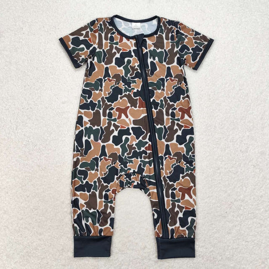 SR1899 Green Camouflage Beige Zip Short Sleeve Jumpsuit