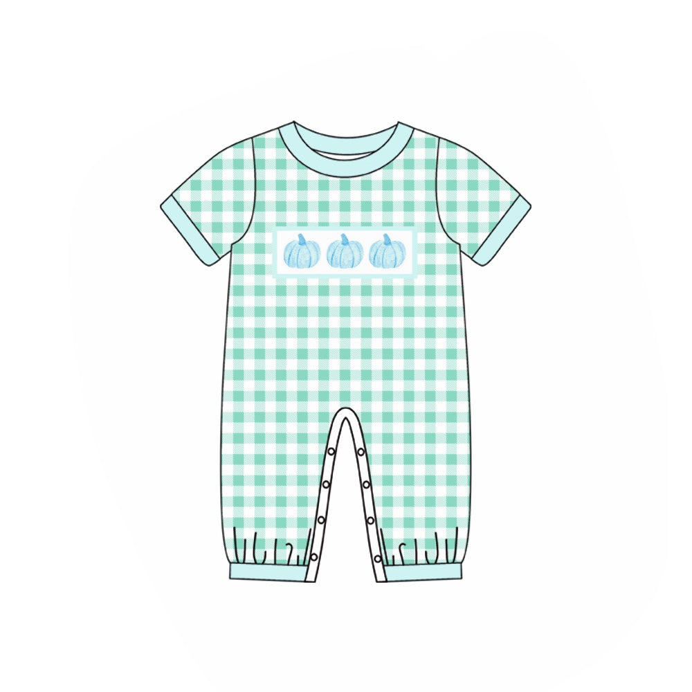 presale SR1905 Pumpkin Teal Short Sleeve Plaid Short Sleeve Jumpsuit