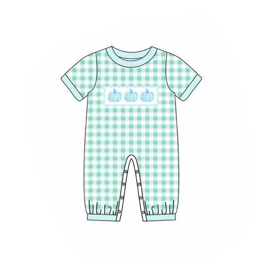 presale SR1905 Pumpkin Teal Short Sleeve Plaid Short Sleeve Jumpsuit