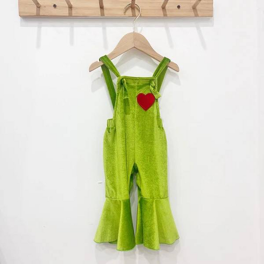presale SR1936 Christmas red heart green gold velvet suspender jumpsuit