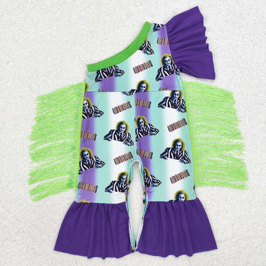 SR1944 Halloween Clown Purple Green Tassel One Shoulder Sleeve Bodysuit