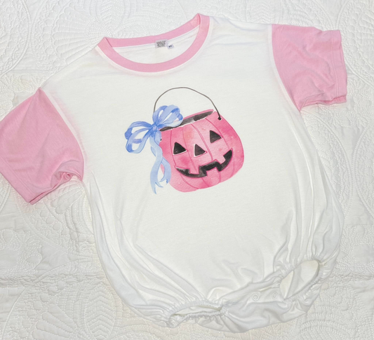 presale SR1966 Halloween  Blue Bow Pattern Pink and White Short Sleeve Bodysuit 2024 8.9