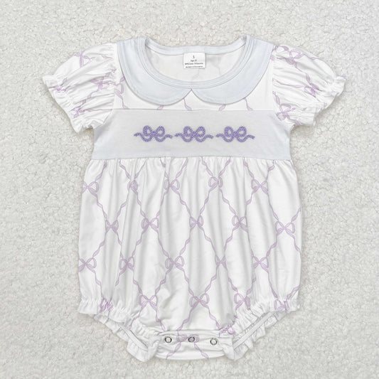 SR1968 Purple Bow Pattern Short Sleeve Bodysuit with Doll Collar