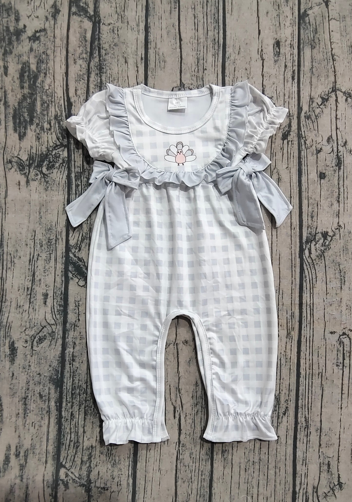 SR1970 Turkey Lace Bow Teal Plaid Short Sleeve Bodysuit   D 908