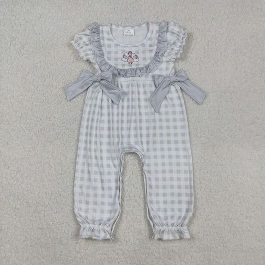 SR1970 Turkey Lace Bow Teal Plaid Short Sleeve Bodysuit   D 908