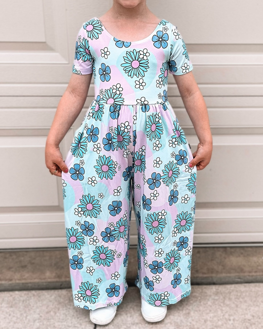 presale SR2014 Baby Girls Blue Flowers Spring Pockets Jumpsuits 2024 9.27
