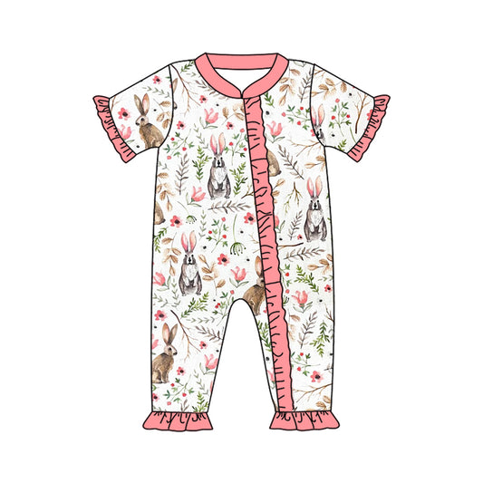 presale SR2017 Easter Bunny Floral Pink Lace White Zipper Short Sleeve Bodysuit 2024 9.27