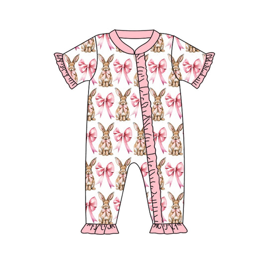 presale SR2020 White zip-up short-sleeved bodysuit with pink lace and bunny bow pattern  2024 9.28