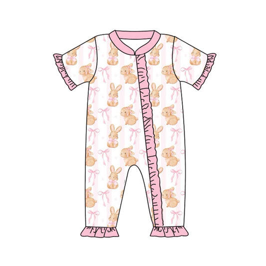 presale SR2021  Bunny Bow Lace Pink Striped Zipper Short Sleeve Bodysuit 2024 9.28