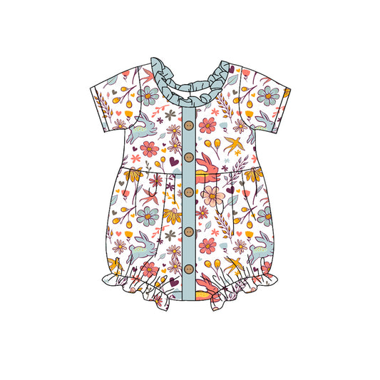 presale SR2022 Bunny flower leaves teal lace button white short sleeve jumpsuit  2024 9.28