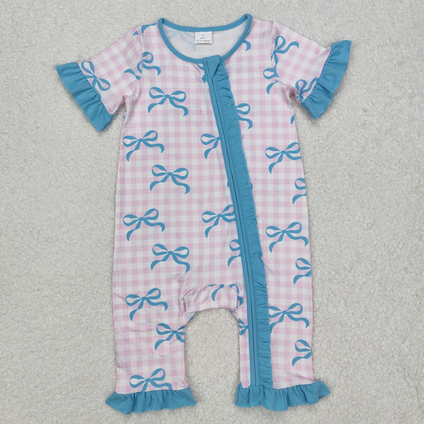 SR2026  Bow Pattern Blue Lace Pink Plaid Zipper Short Sleeve Bodysuit