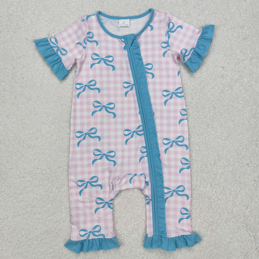 SR2026 Bow Pattern Blue Lace Pink Plaid Zipper Short Sleeve Bodysuit