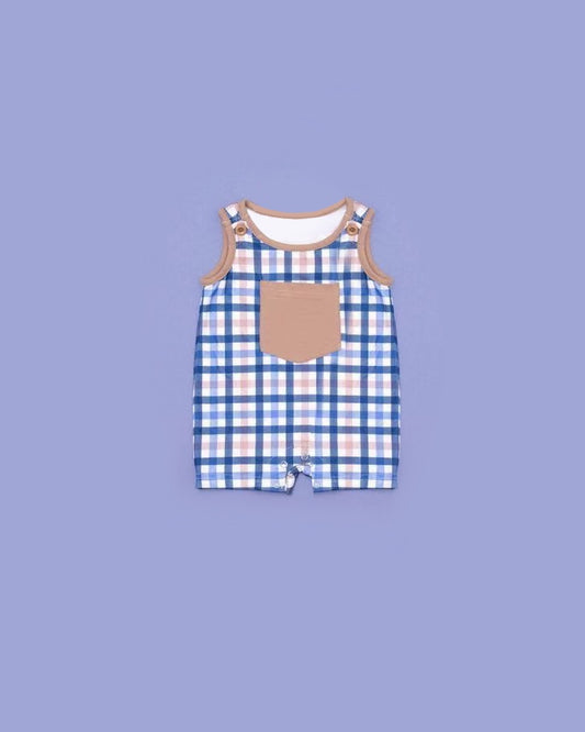 presale SR2038 Brown Pocket Blue Plaid Sleeveless Bodysuit 10.8