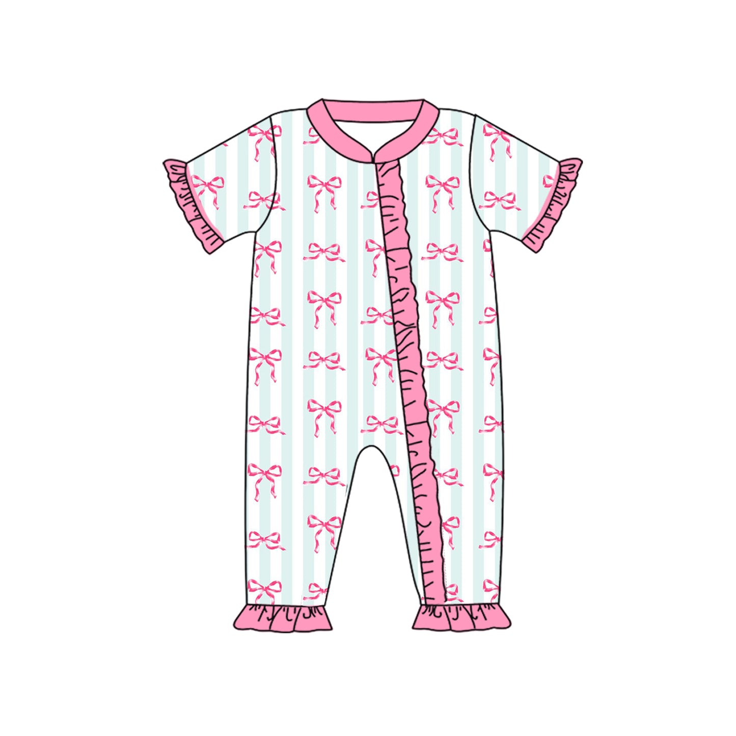 presale SR2040 Pink lace stripe zip-up short-sleeved bodysuit with bow pattern  2024 10.9