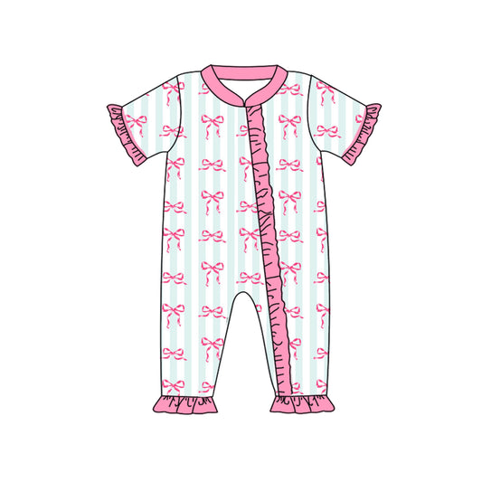 presale SR2040 Pink lace stripe zip-up short-sleeved bodysuit with bow pattern  2024 10.9